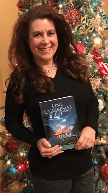 Woman Holding a Book "One Christmas Eve" in Front of a Christmas Tree